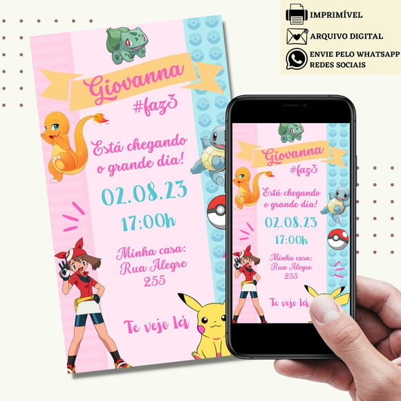 Convite Pokémon Rosa Menina Digital Virtual