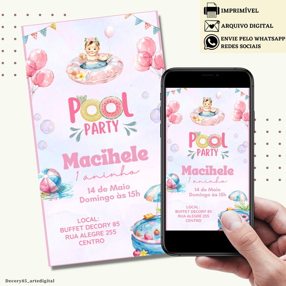 Convite Pool Party Festa na Piscina Digital Virtual Menina