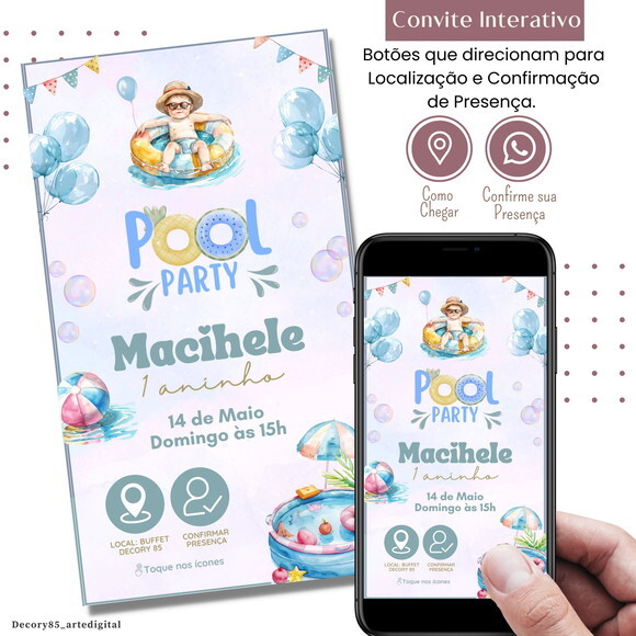 Convite Pool Party Festa Piscina Digital Interativo Virtual