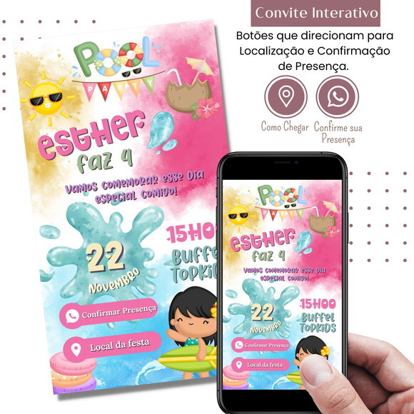 Convite Pool Party Festa Piscina Digital Interativo Virtual