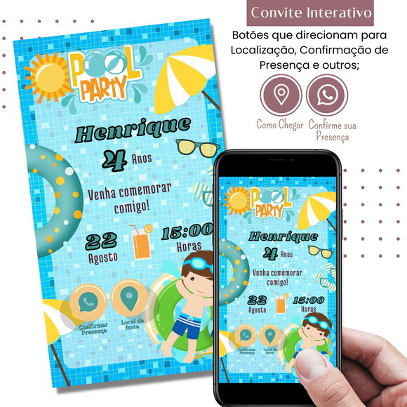 Convite Pool Party Festa Piscina Digital Interativo Virtual