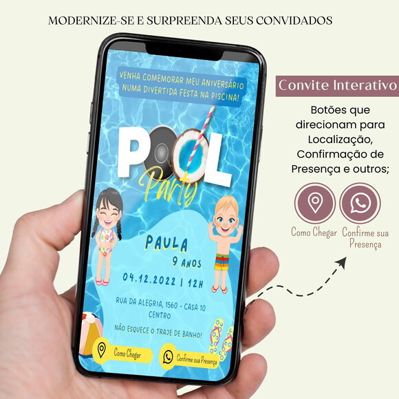 Convite Pool Party Piscina Digital Interativo Virtual