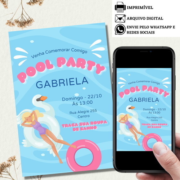 Convite Pool Party Piscina Digital Virtual Aniversário