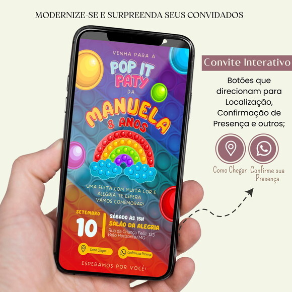 Convite Pop It Colorido Digital Interativo Virtual