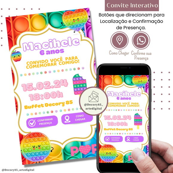 Convite Pop It Candy Color Digital Interativo Virtual