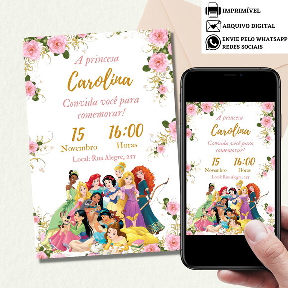 Convite Princesas Digital Aniversário Virtual