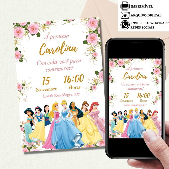 Convite Princesas Digital Aniversário Virtual