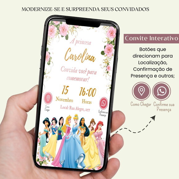 Convite Princesas Digital Interativo Aniversário Virtual