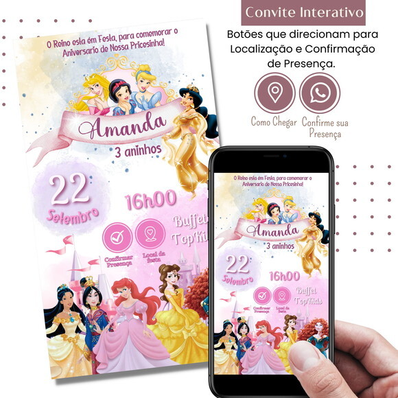 Convite Princesas Disney Digital Interativo Virtual