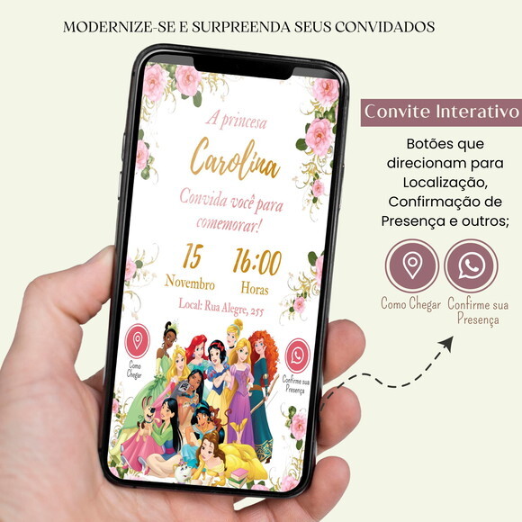 Convite Princesas Digital Interativo Aniversário Virtual