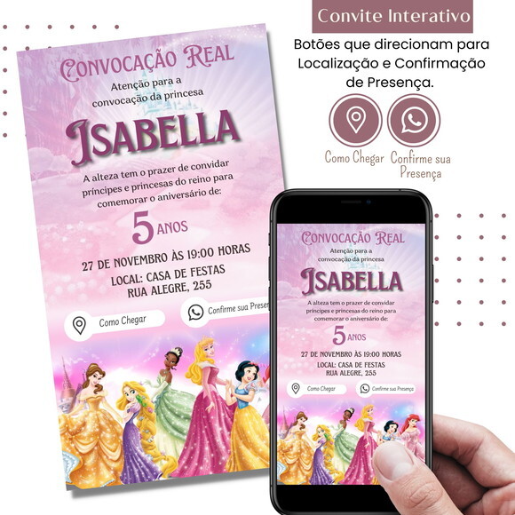 Convite Princesas Disney Digital Interativo Virtual