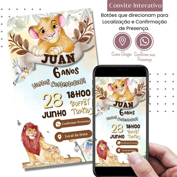 Convite Rei Leão Simba Digital Interativo Virtual
