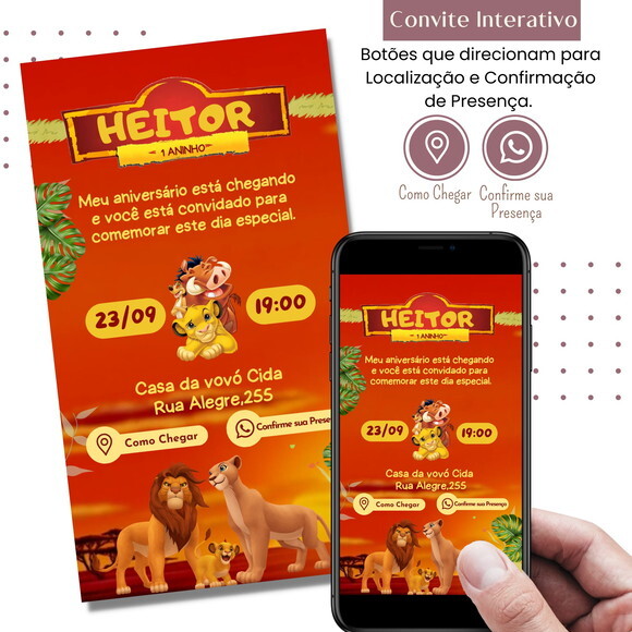 Convite Rei Leão Simba Digital Interativo Virtual