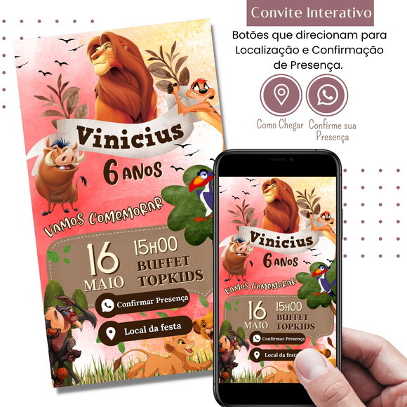 Convite Rei Leão Simba Digital Interativo Virtual