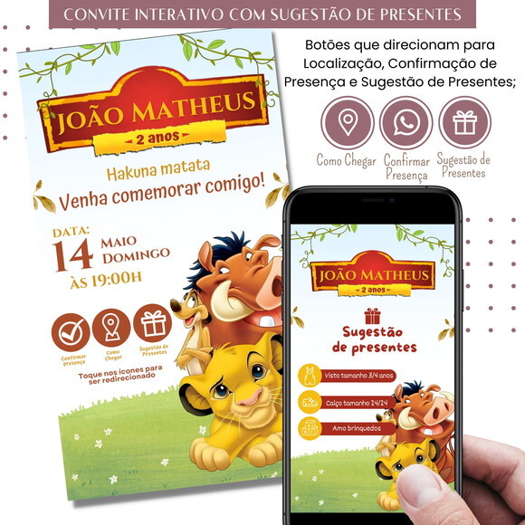 Convite Rei Leão Simba Digital Sugestão de Presente