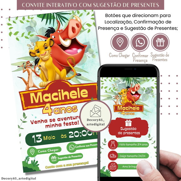 Convite Rei Leão Simba Digital Sugestão de Presente