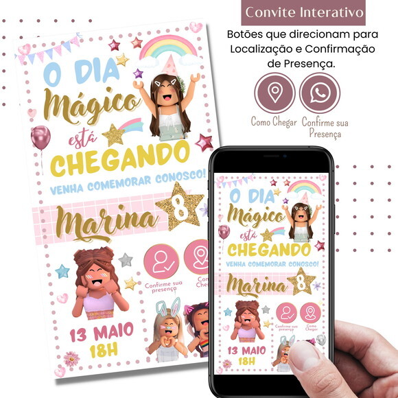 Convite Roblox Menina Rosa Digital Interativo Virtual