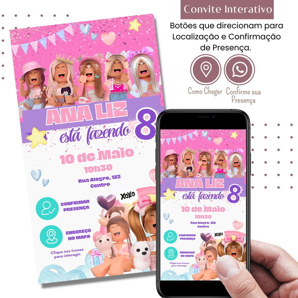 Convite Roblox Menina Rosa Digital Interativo Virtual