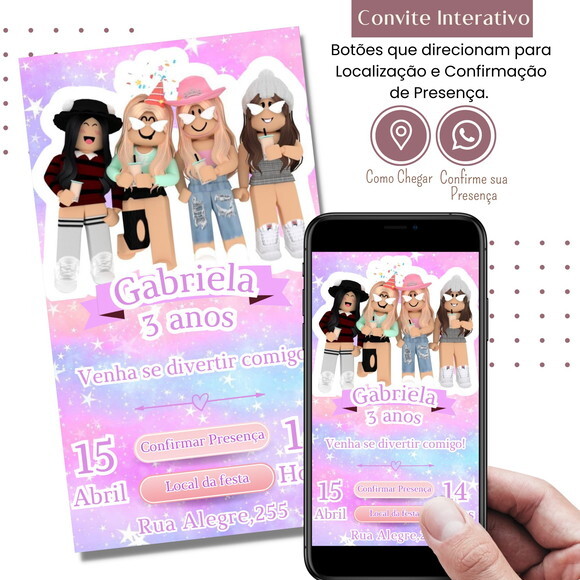 Convite Roblox Menina Rosa Digital Interativo Virtual