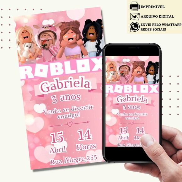 Convite Roblox Menina Rosa Digital Virtual