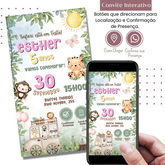 Convite Safari Bosque Digital Interativo Virtual Rosa