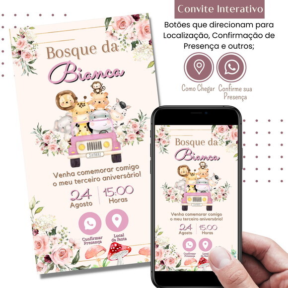 Convite Safari Bosque Digital Interativo Virtual Rosa
