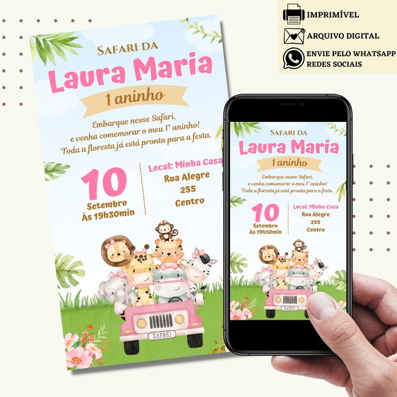Convite Safari Rosa Bosque Digital Virtual Floresta