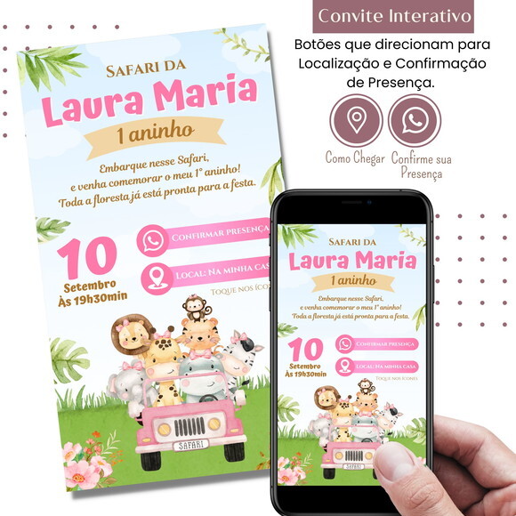 Convite Safari Rosa Bosque Digital Interativo Virtual
