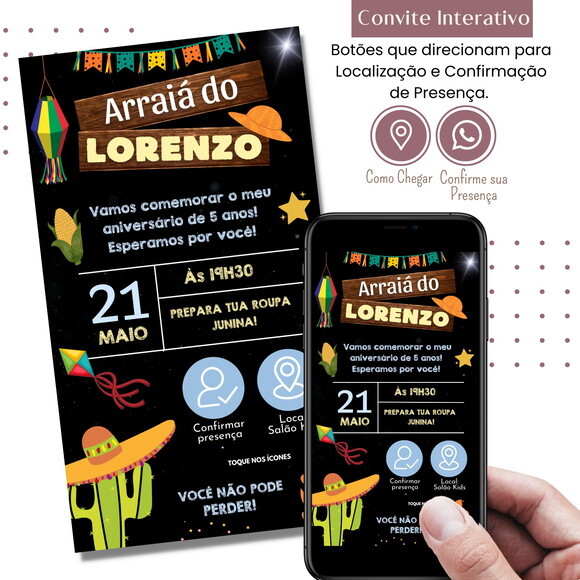Convite São João Digital Festa Junina Arraiá Interativo