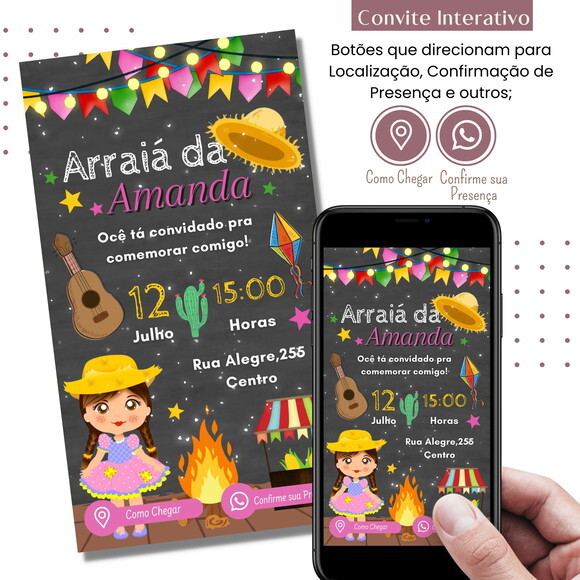 Convite São João Digital Festa Junina Arraiá Interativo