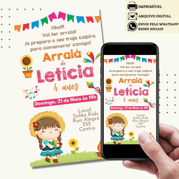 Convite São João Digital Virtual Festa Junina Arraiá Menina