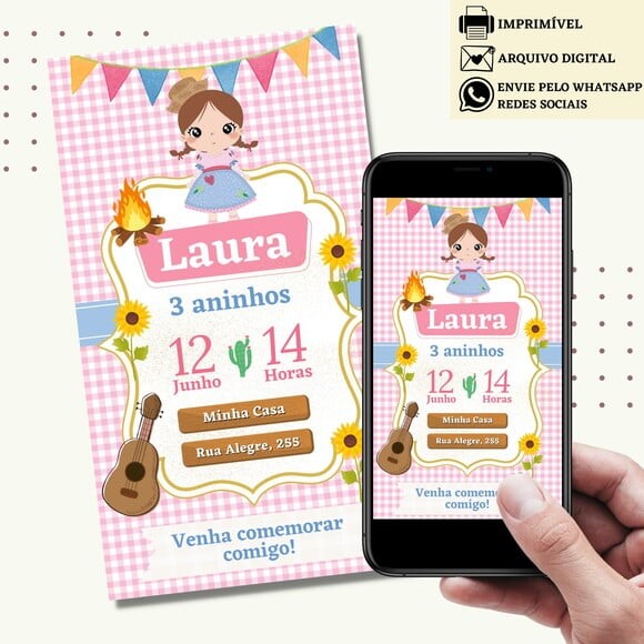 Convite São João Digital Virtual Festa Junina Arraiá Menina