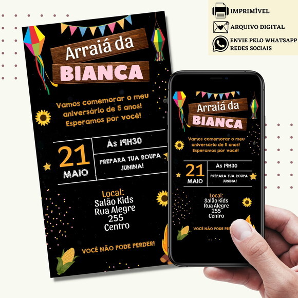 Convite São João Digital Virtual Festa Junina Arraiá Menina