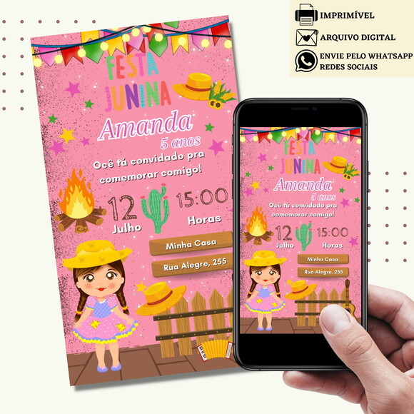 Convite São João Digital Virtual Festa Junina Arraiá Menina