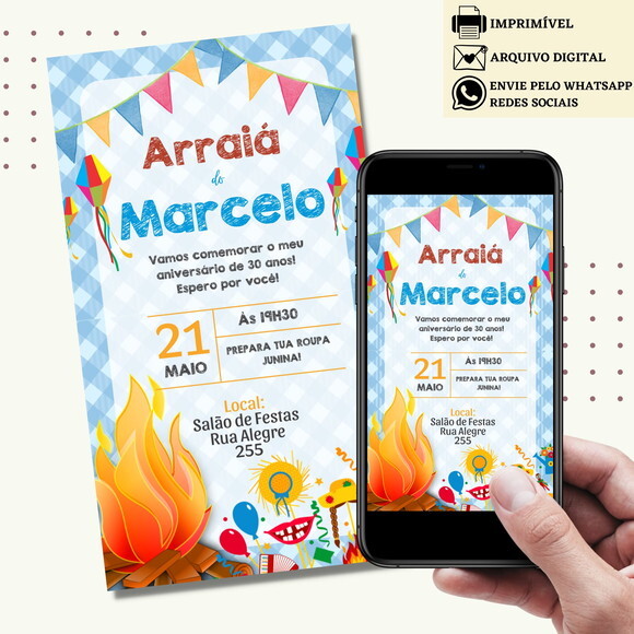 Convite São João Digital Virtual Festa Junina Arraiá Menino