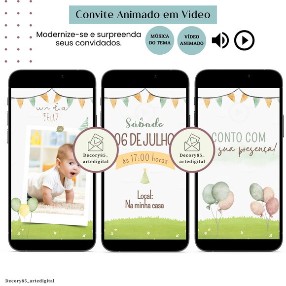 Convite sem Tema Menino em Vídeo Animado com Música Digital