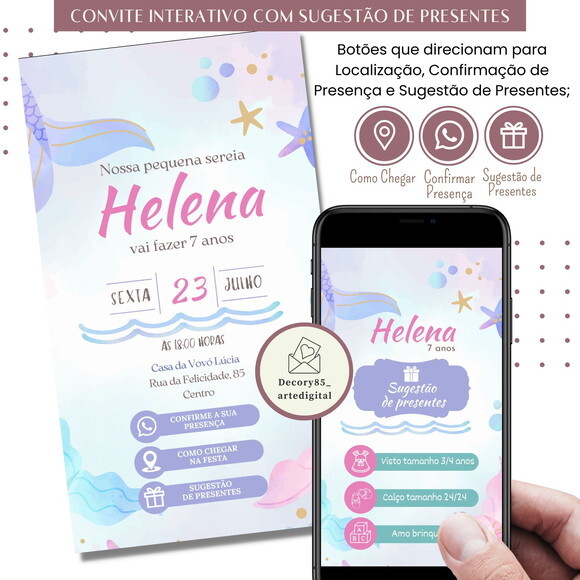 Convite Sereia Fundo do Mar Digital Sugestão de Presente