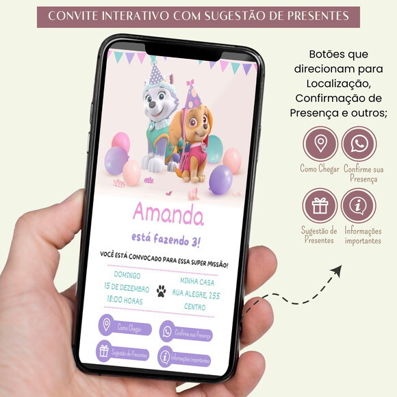 Convite Skye e Everest Digital Interativo Patrulha Canina