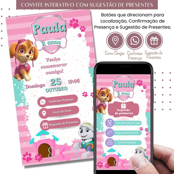 Convite Skye e Everest Digital Sugestão de Presente