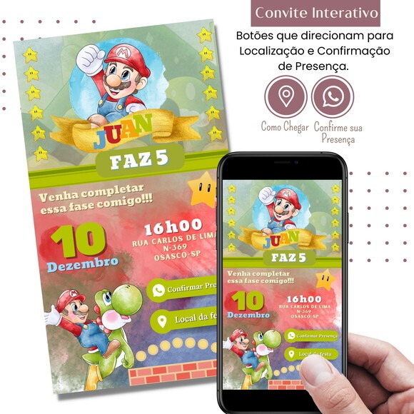 Convite Super Mario Bros Aquarela Digital Interativo Virtual
