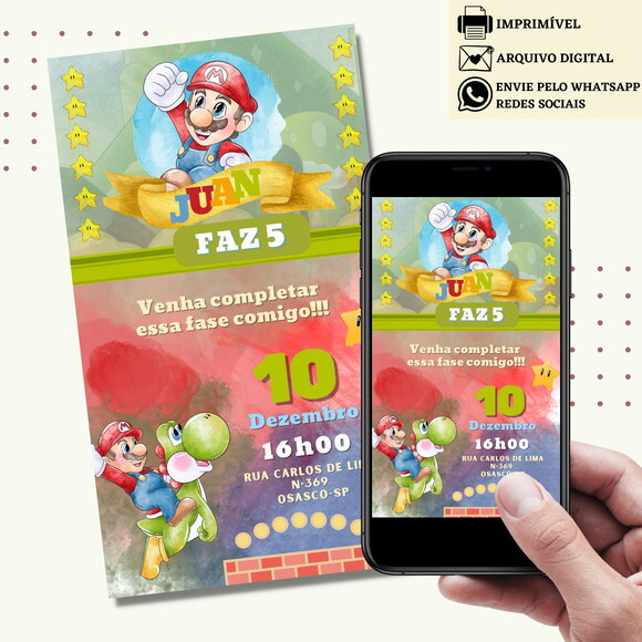 Convite Super Mario Bros Aquarela Digital Virtual