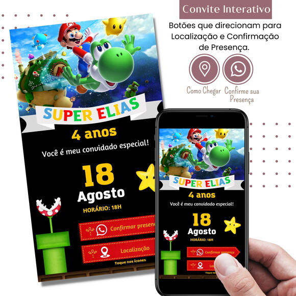 Convite Super Mario Bros Digital Interativo Virtual