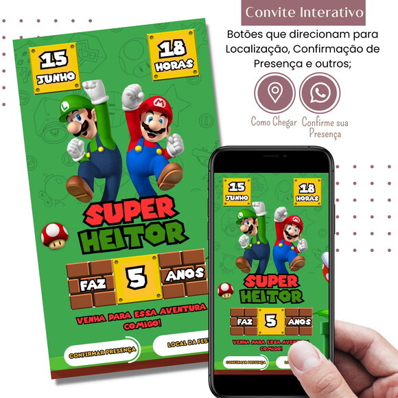 Convite Super Mario Bros Digital Interativo Virtual