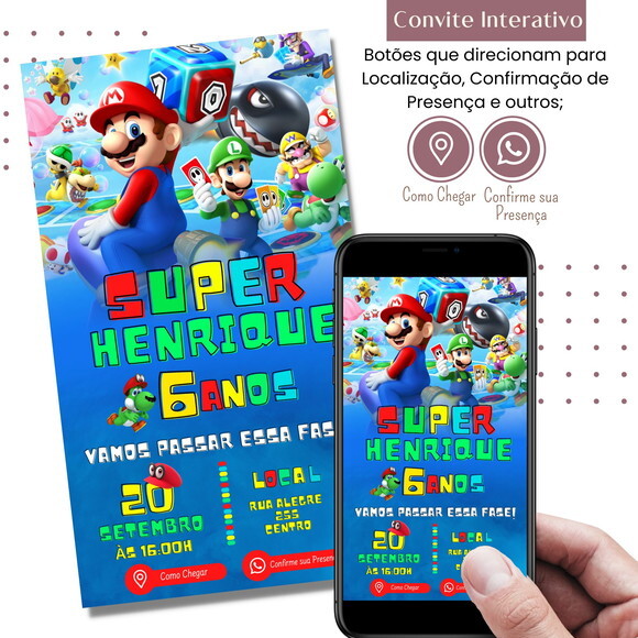 Convite Super Mario Bros Digital Interativo Virtual