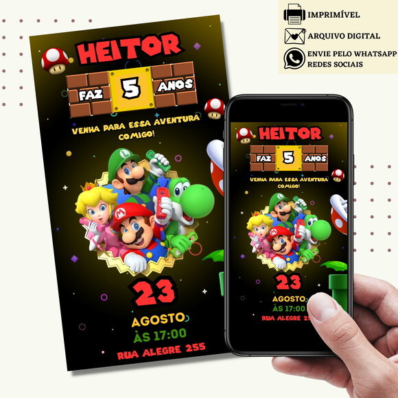 Convite Super Mario Bros Digital Virtual
