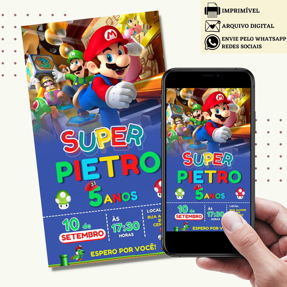 Convite Super Mario Bros Digital Virtual