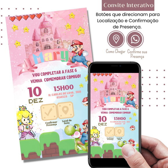 Convite Super Mario Bros Rosa Digital Interativo Virtual