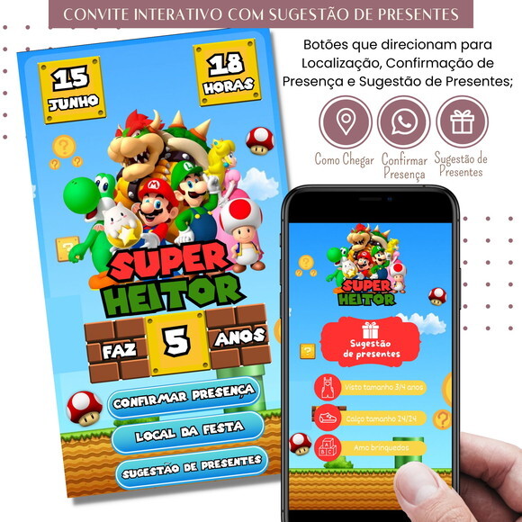 Convite Super Mario Digital Interativo Sugestão de Presente