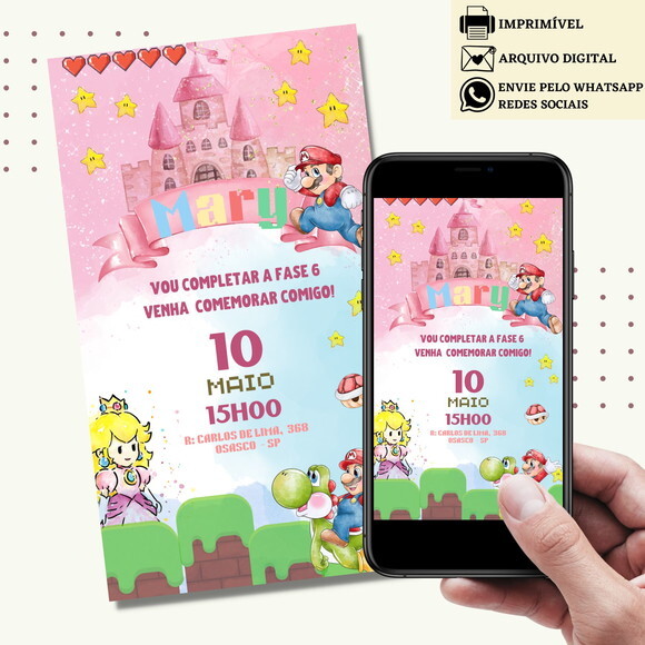 Convite Super Mario Bros Rosa Menina Digital Virtual