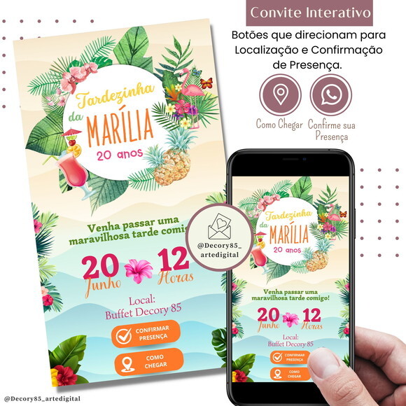 Convite Tardezinha Aloha Havai Tropical Digital Interativo